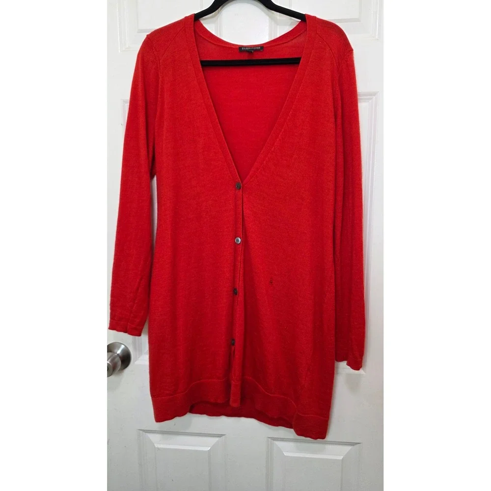 Eileen Fisher Cardigan‎ Womens Medium Red Merino Wool Longline V-Neck Sweater